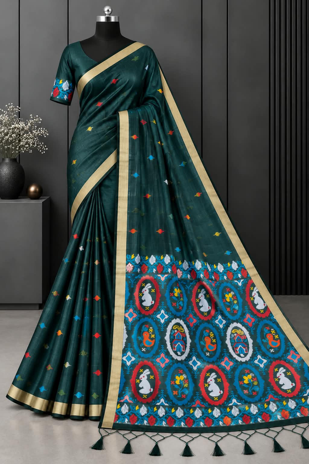 Enchanting Forest Green Premium Cotton Saree With Panoply Blouse Piece