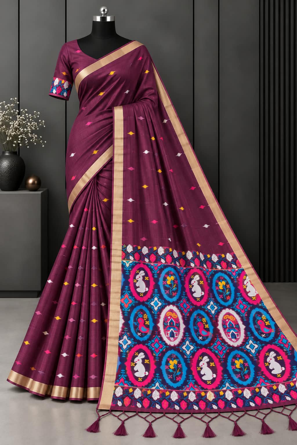 Glowing Purple  Saree With Ethnic Blouse Piece