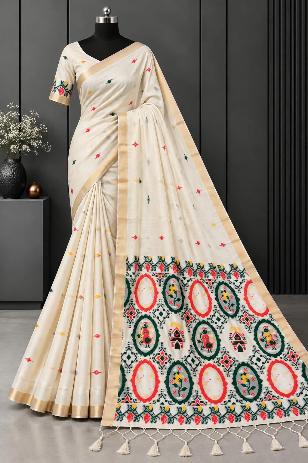 Vogue Cream Folklore Cotton Saree