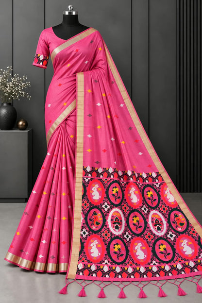 Fuchsia Pink Modern Storybook Cotton Saree