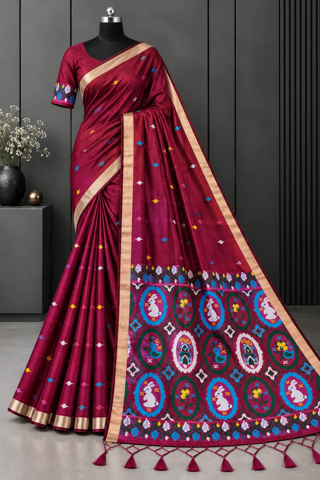 Modern heritage wine cotton saree with contrasting pictorial border