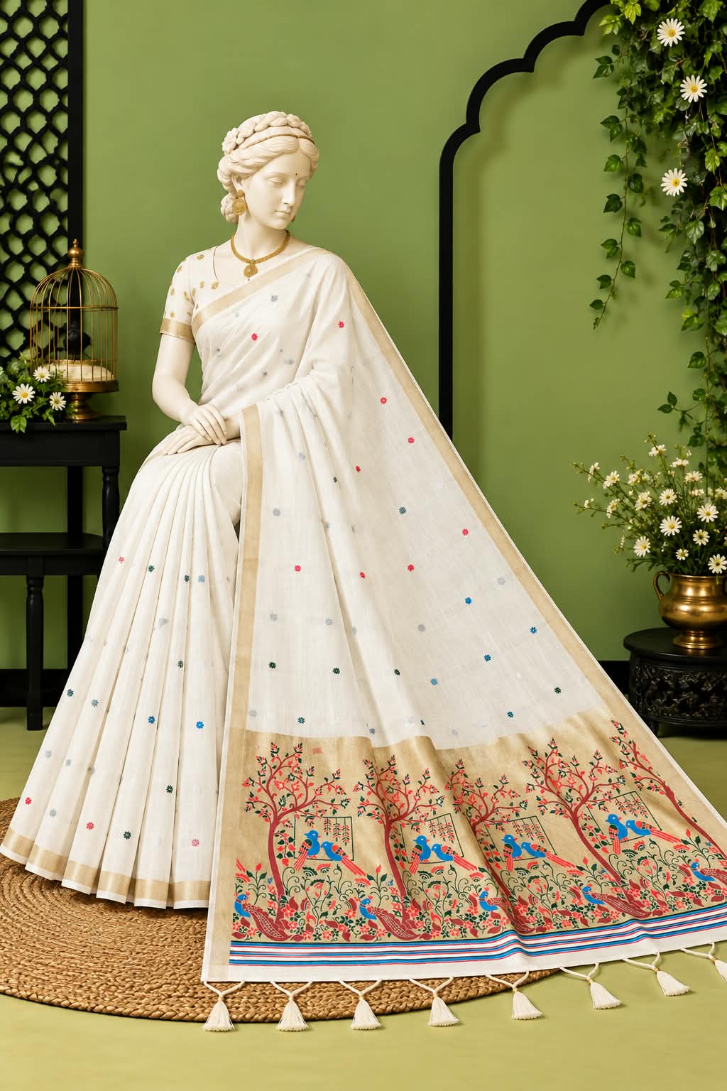 The Mayur-Bagh Narrative Milk-White Woven Butti Contemporary Classic Saree