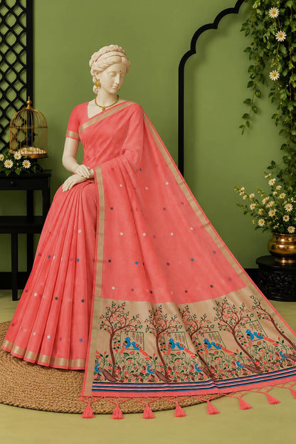 Suryamukhi Coral Handloom-Inspired Saree with Peacock Tapestry