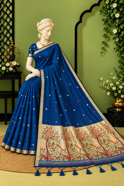 Celestial Drapes The Ultimate Cobalt Blue Bird Pallu Cotton Saree