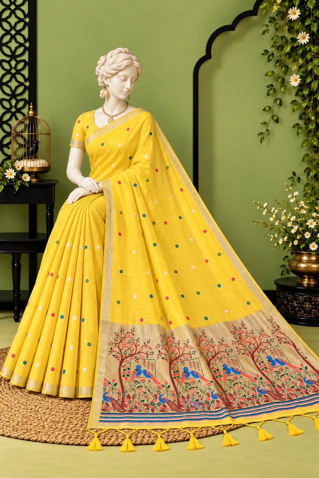The Mayur-Vana Narrative Mustard Yellow Woven Floral Butti Heritage Saree
