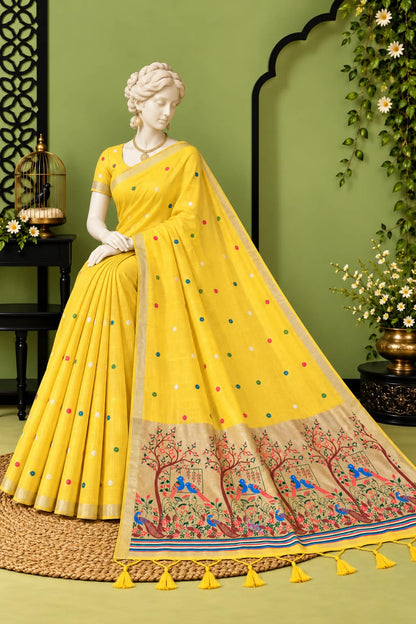 The Mayur-Vana Narrative Mustard Yellow Woven Floral Butti Heritage Saree