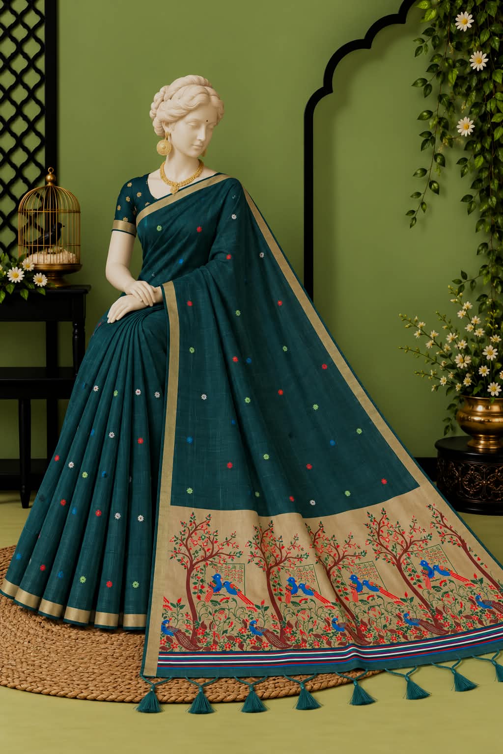 The Deep Moss Artisan Handloom-Inspired Cotton Saree