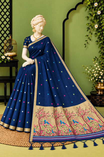 Indigo Premium Cotton Saree with Festive Meenakari Pallu