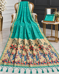 Classical Indian Mayura Folklore and Lush Palm Tree Embroidery Style Saree