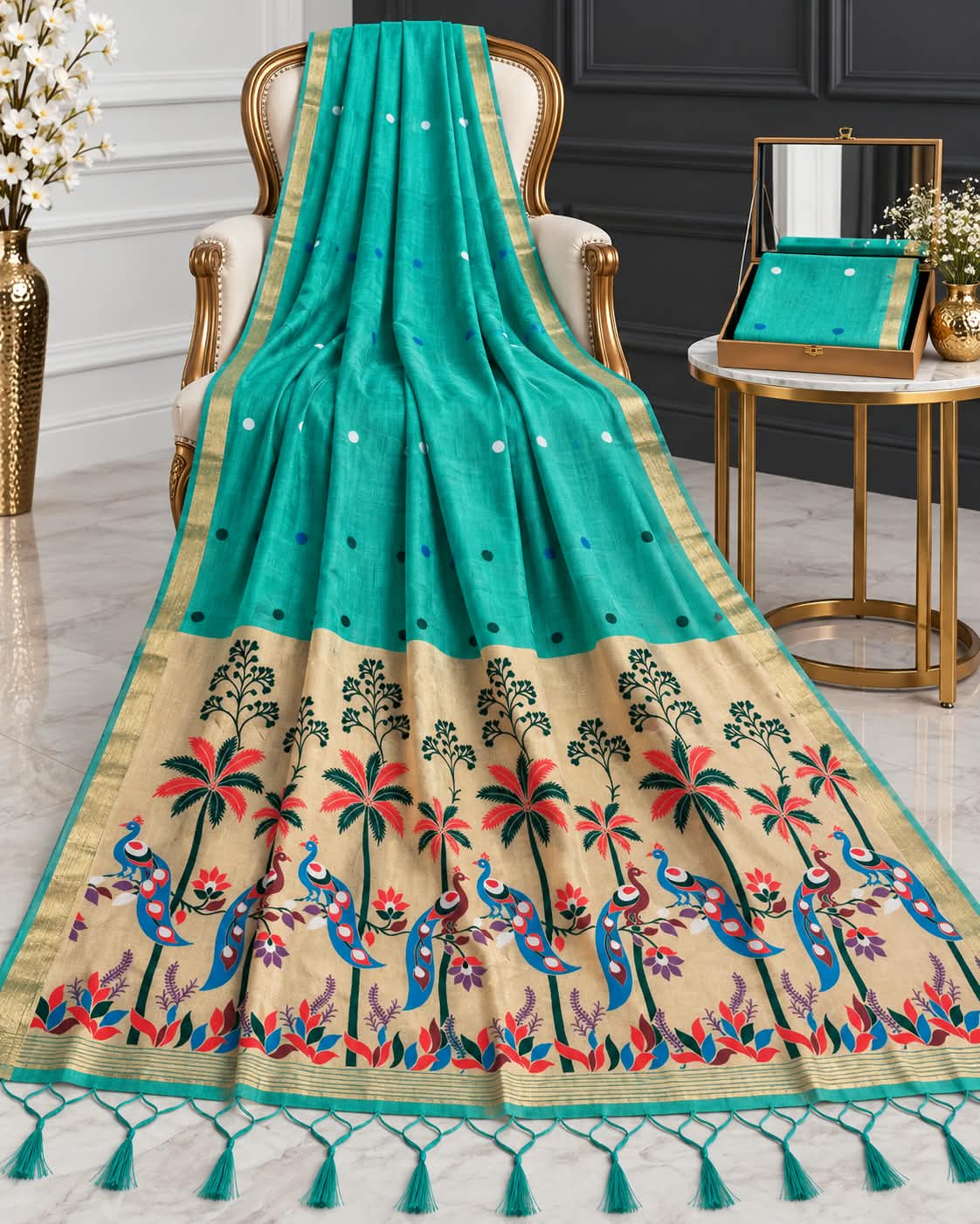 Classical Indian Mayura Folklore and Lush Palm Tree Embroidery Style Saree