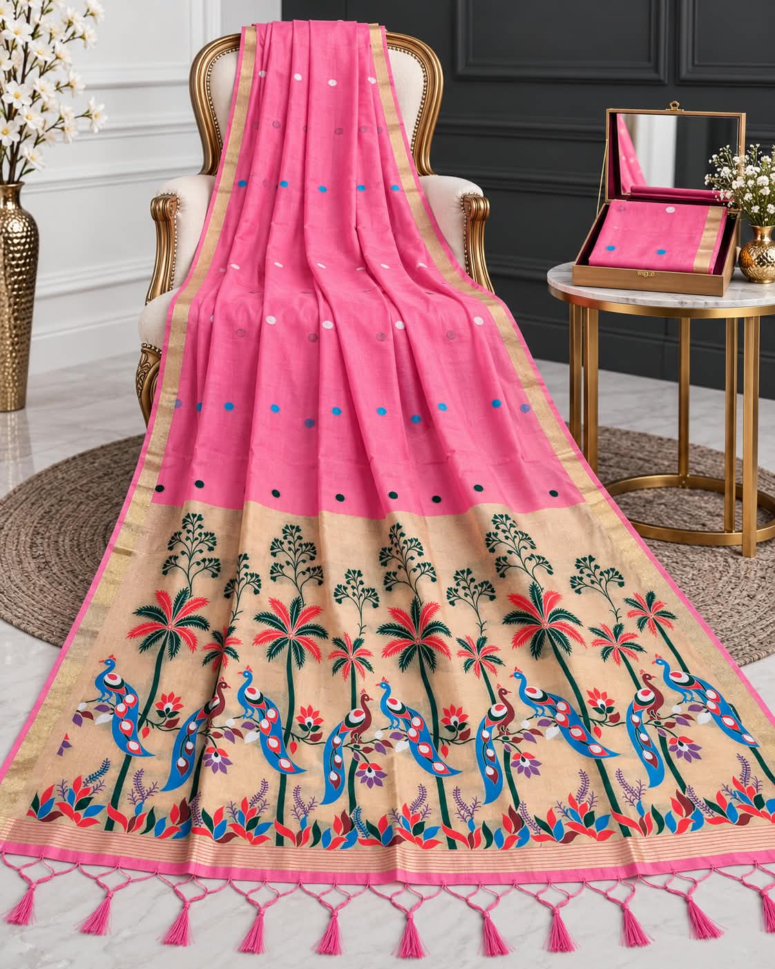 Artisan Pink Cotton Drape with Meenakari Zari Border Saree
