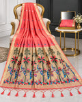 Neo-Traditional Coral Saree with Intricate Peacock and Botanical Motif Weaving