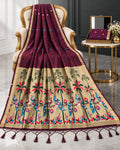 Luxury Wine Cotton Drape accented with Majestic Blue Peacock Borders