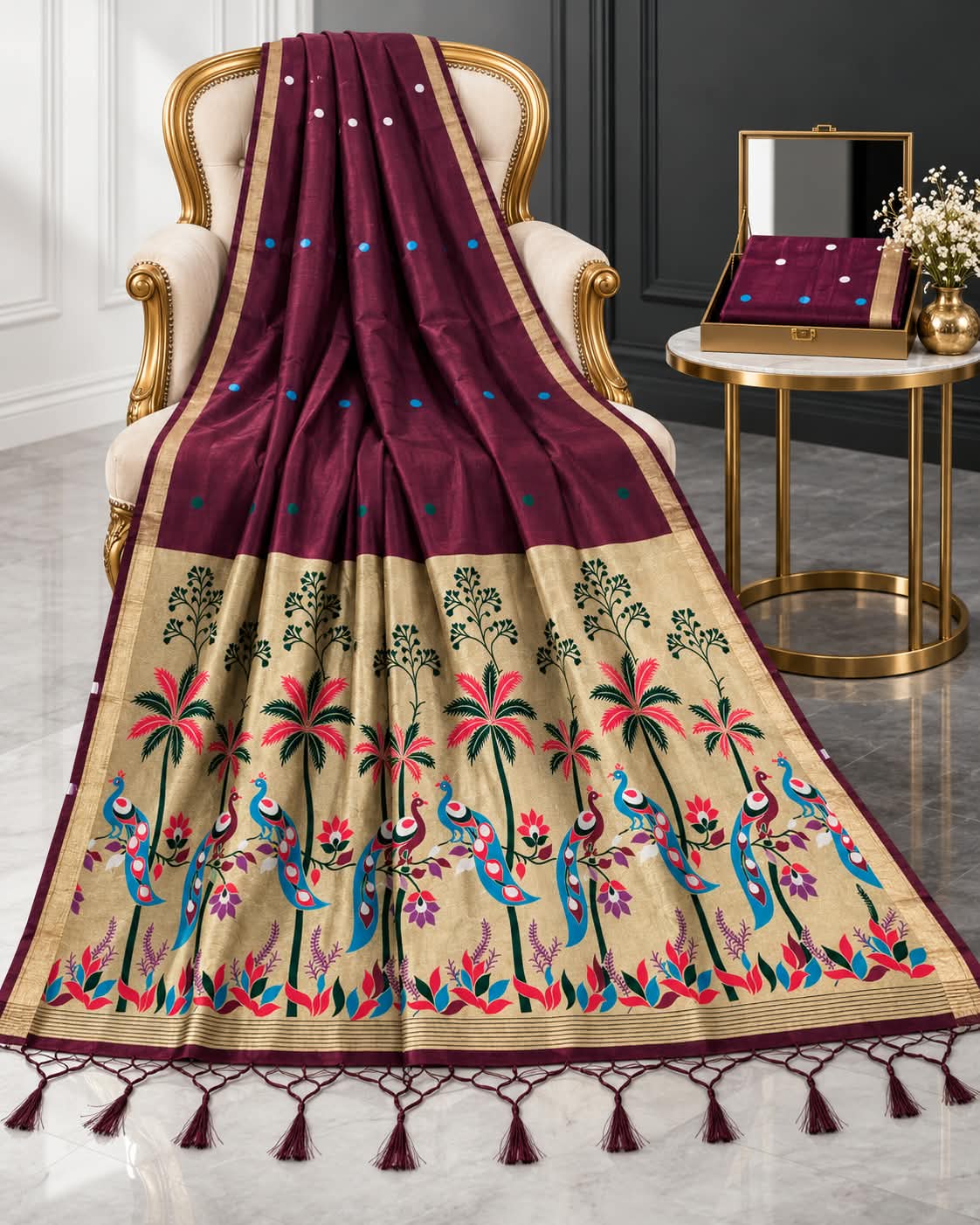 Luxury Wine Cotton Drape accented with Majestic Blue Peacock Borders