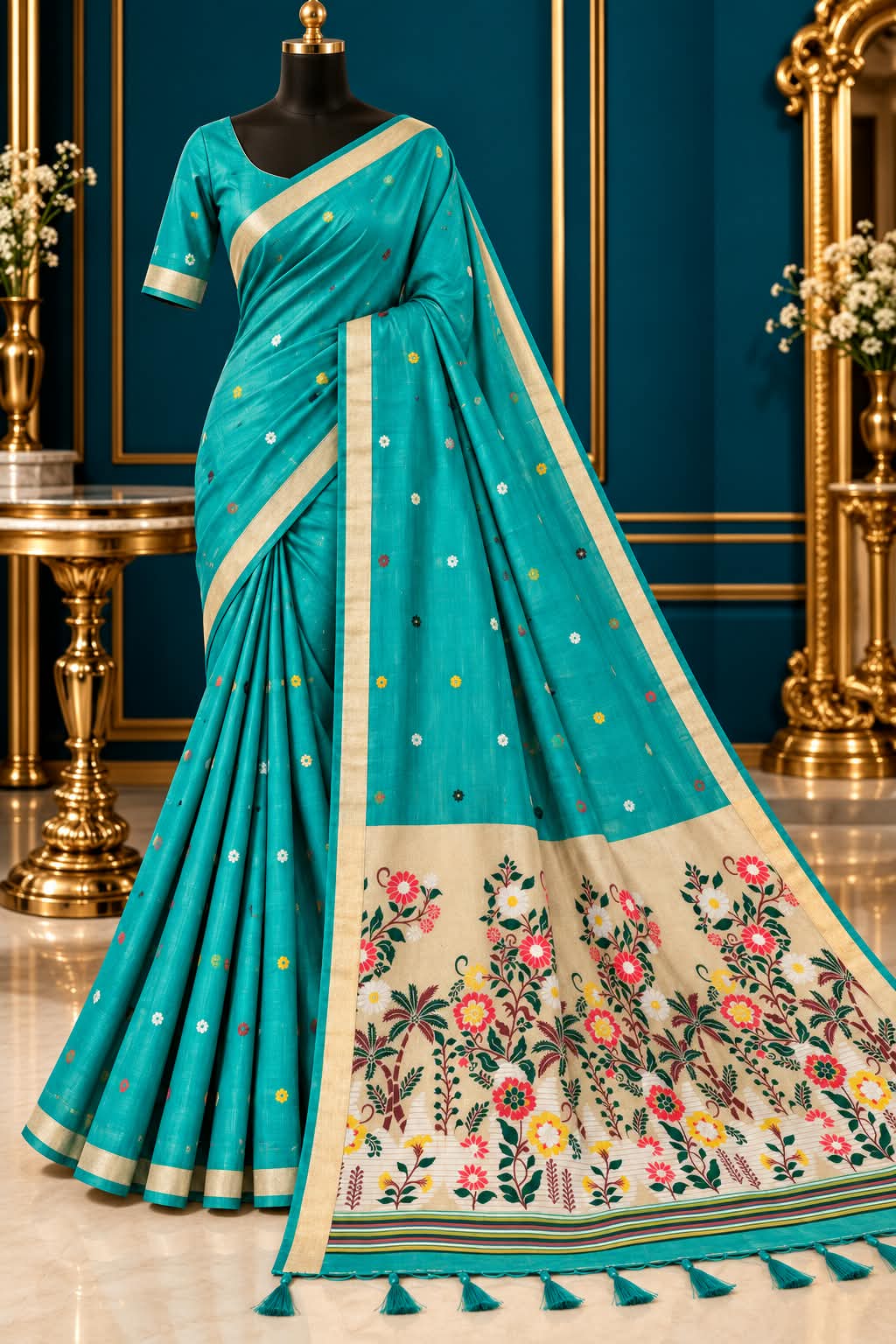 A Celestial Tapestry of Rama Blue Silk-Cotton Saree