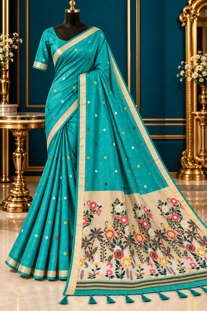 A Celestial Tapestry of Rama Blue Silk-Cotton Saree