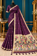 Premium Purple Cotton Silk Saree With Gorgeous Woven Blouse Piece & Traditional Meenakari Pallu