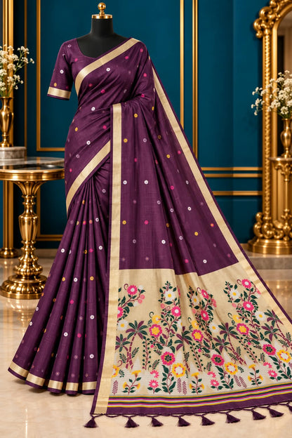 Premium Purple Cotton Silk Saree With Gorgeous Woven Blouse Piece & Traditional Meenakari Pallu