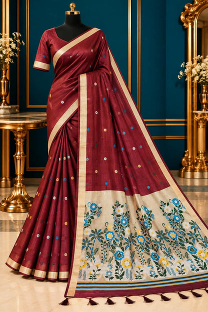 Heirloom Silk-Cotton Saree Detailed with Starry Zari Buttis and a Majestic Garden Pallu