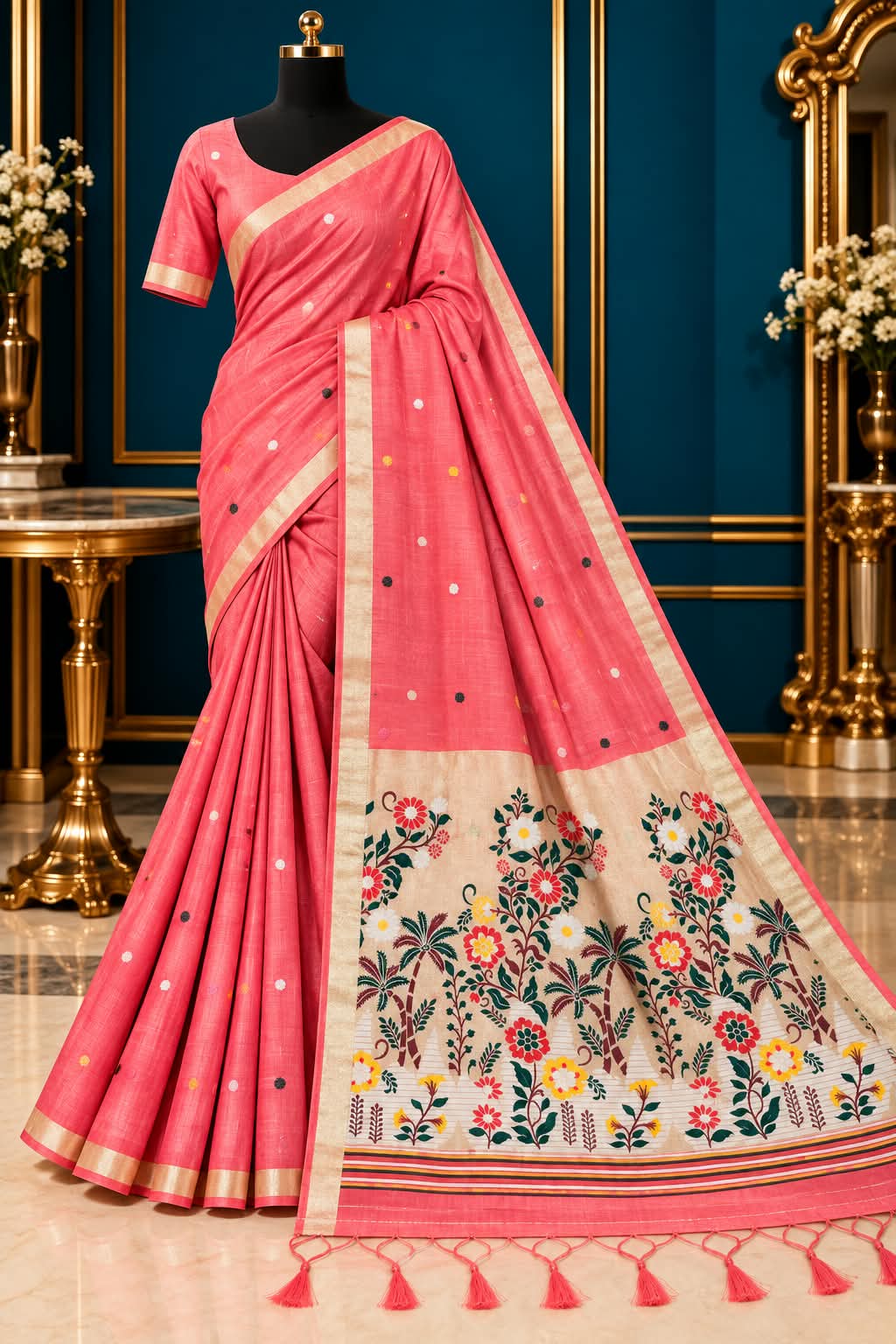 The Coral Blossom Horizon Premium Cotton Silk Saree With Gorgeous Matching Blouse Piece