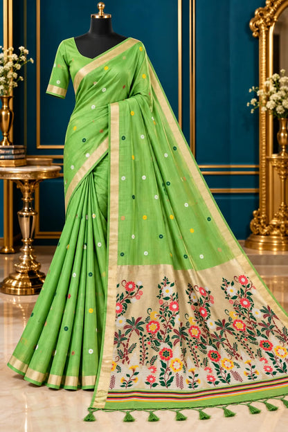 The Emerald Meadow Heritage Premium Cotton Silk Saree With Gorgeous Matching Blouse Piece