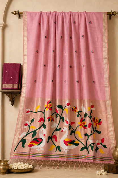 The Swan Lake Canvas: Blossom Pink Artisan Saree