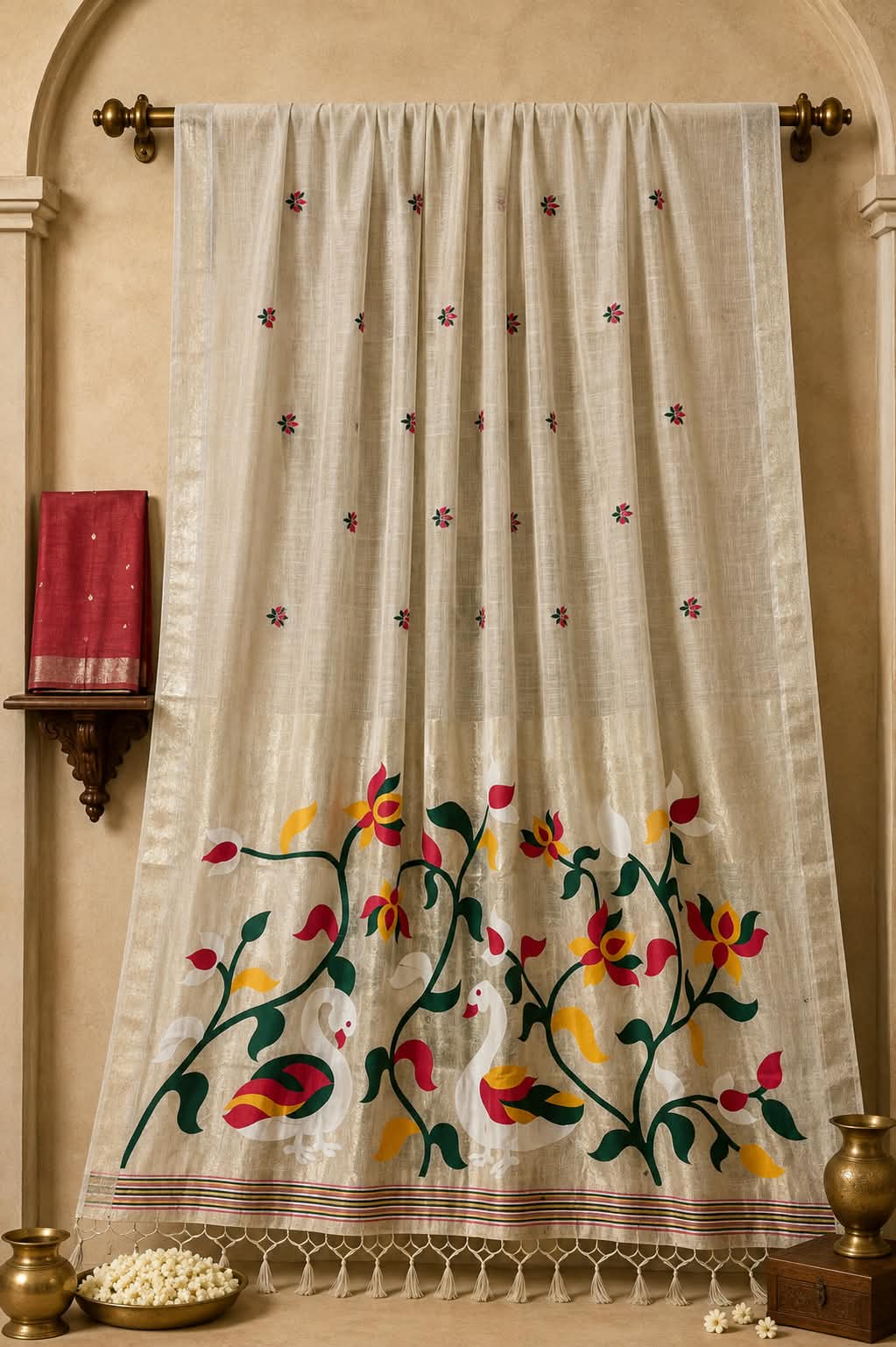 The Ivory Ivory Symphony Pure Peshwai Cotton-Silk Saree with Contrast Vermilion Accents
