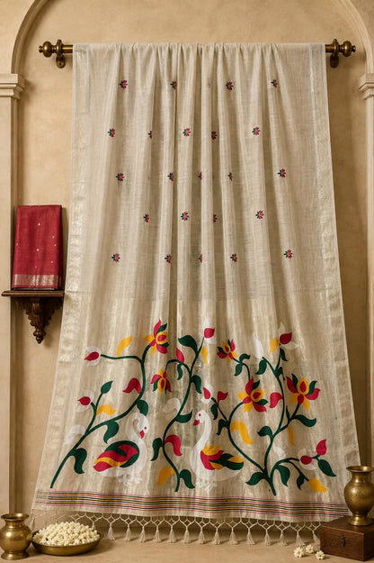 The Ivory Ivory Symphony Pure Peshwai Cotton-Silk Saree with Contrast Vermilion Accents