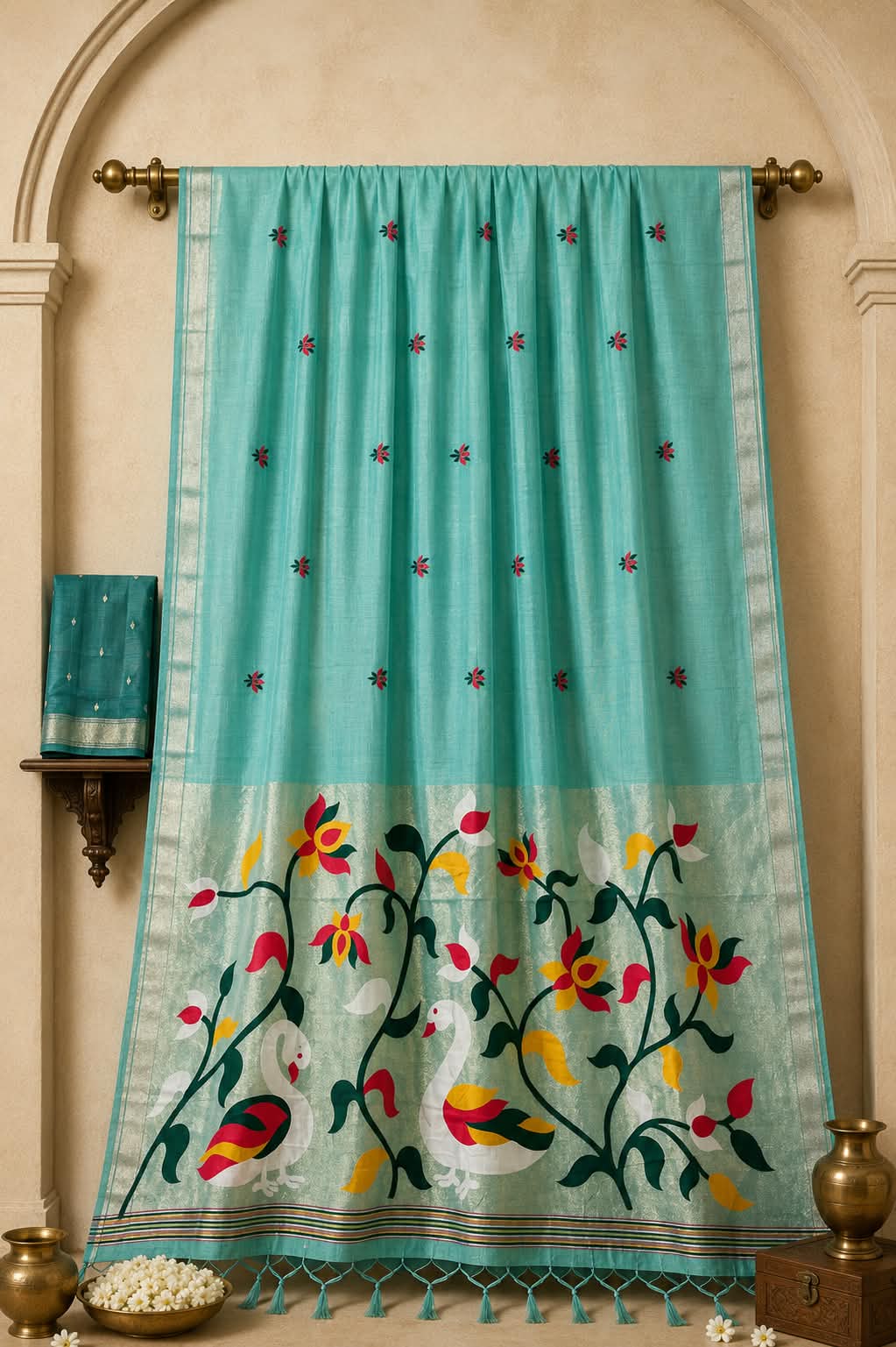The Turquoise Lagoon Premium Peshwai Handloom Saree Infused with Renaissance-Style Paithani Art