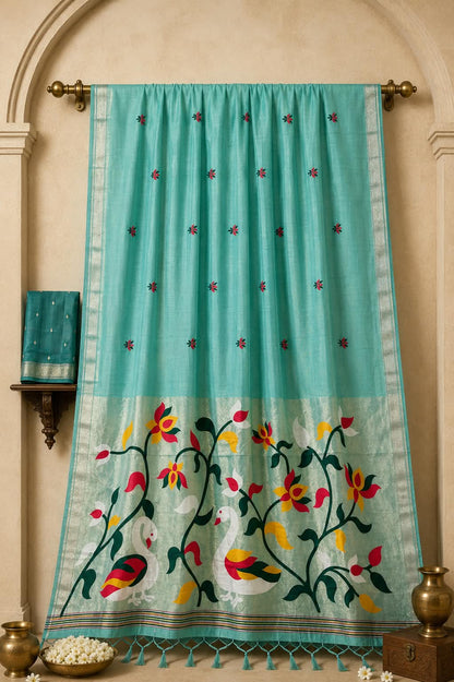 The Turquoise Lagoon Premium Peshwai Handloom Saree Infused with Renaissance-Style Paithani Art