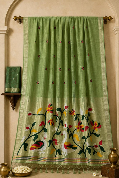 Pista Green Peshwai Cotton Paithani Fusion Saree