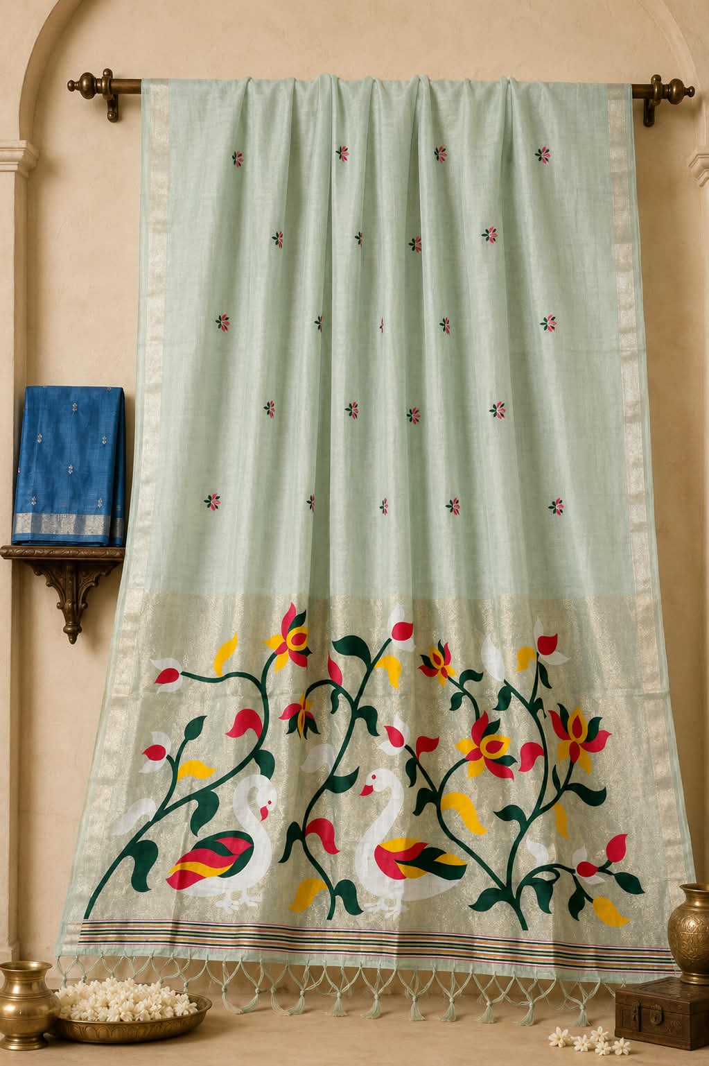 The Serene Swan Symphony Mint Green Peshwai Cotton Saree with Royal Blue Contrast Blouse