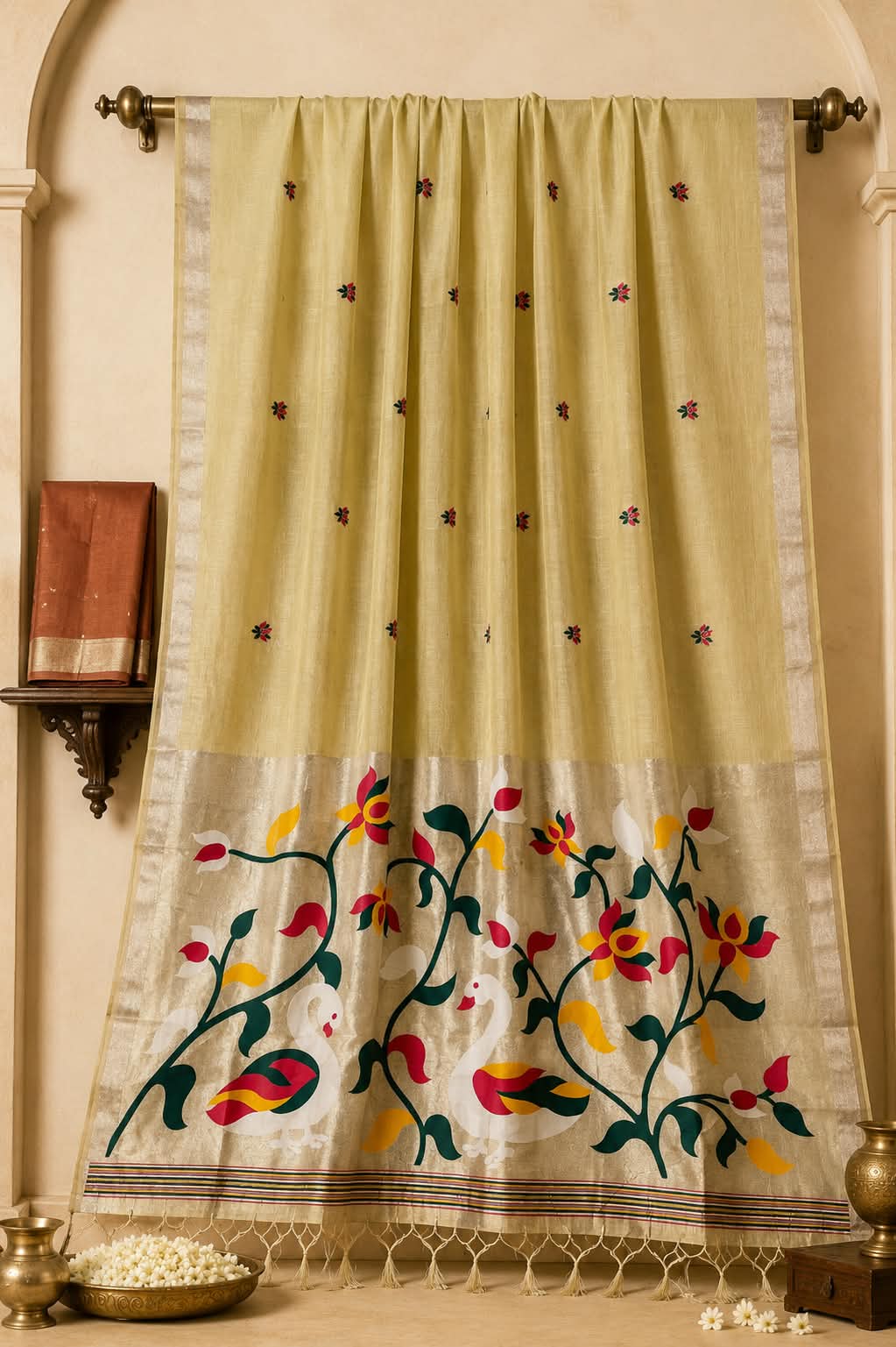 Champagne Gold Premium Peshwai Cotton Saree with Hand-Painted Paithani Pallu & Silver-Gold Zari Borders