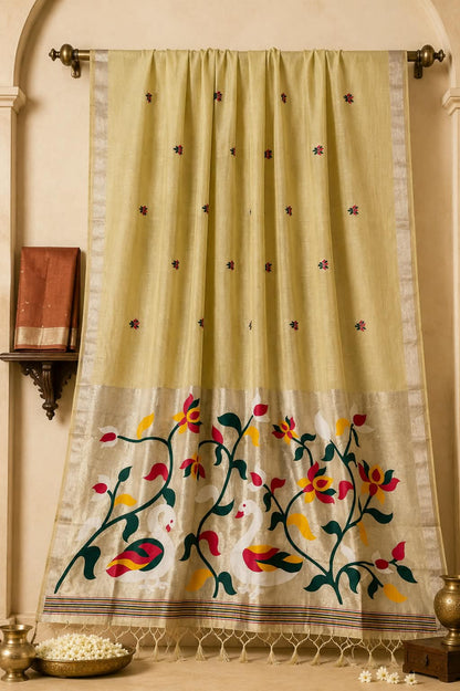 Champagne Gold Premium Peshwai Cotton Saree with Hand-Painted Paithani Pallu & Silver-Gold Zari Borders