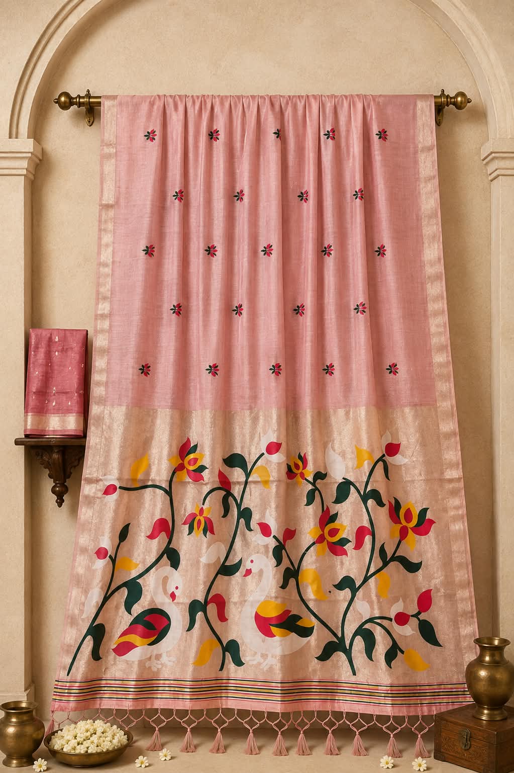 The Swan Elegance  Blush Pink Peshwai Cotton Saree with Fine Zari Borders