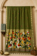 Olive Green Premium Peshwai Cotton Saree with Hand-Painted Paithani Pallu & Zari Borders