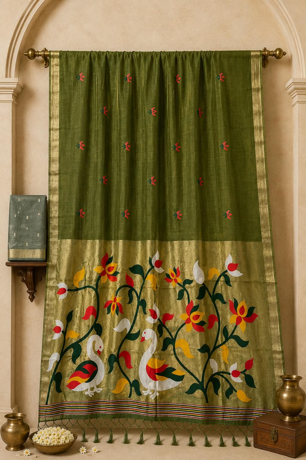 Olive Green Premium Peshwai Cotton Saree with Hand-Painted Paithani Pallu & Zari Borders
