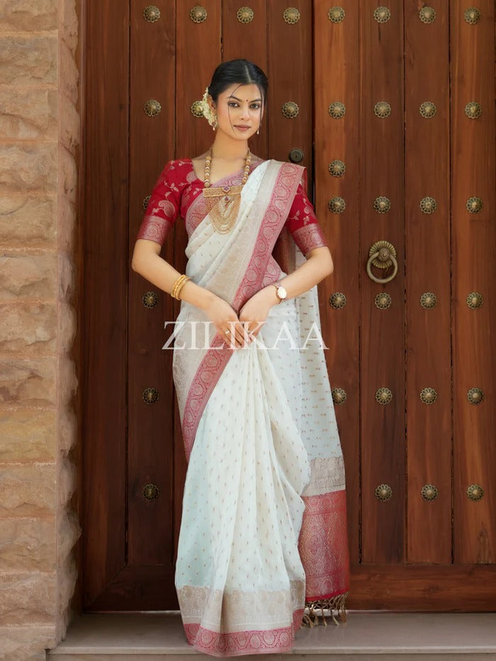 Admirable Off White Soft Silk Saree With Gossamer Blouse Piece