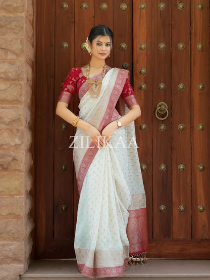 Admirable Off White Soft Silk Saree With Gossamer Blouse Piece