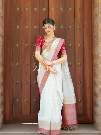 Admirable Off White Soft Silk Saree With Gossamer Blouse Piece