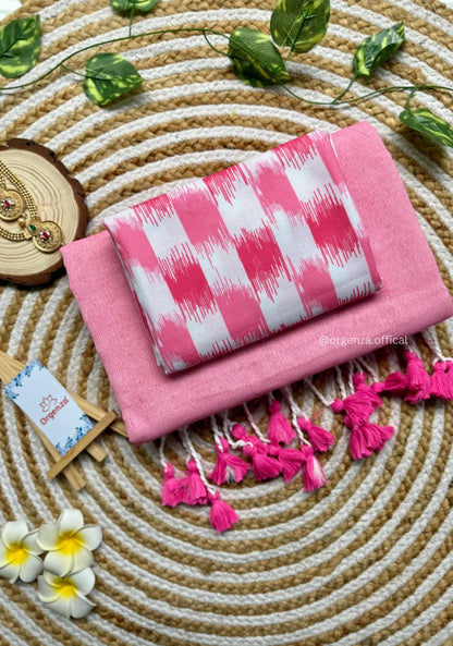 Beautiful Baby Pink Handloom Cotton Saree With Chex Printed Blouse