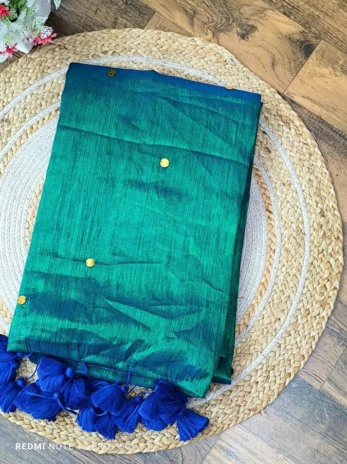 Mul Cotton Raga Tissue : Bluish Green with Tassels