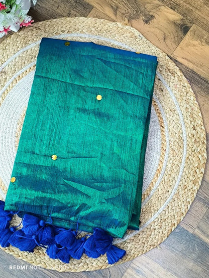 Mul Cotton Raga Tissue : Bluish Green with Tassels