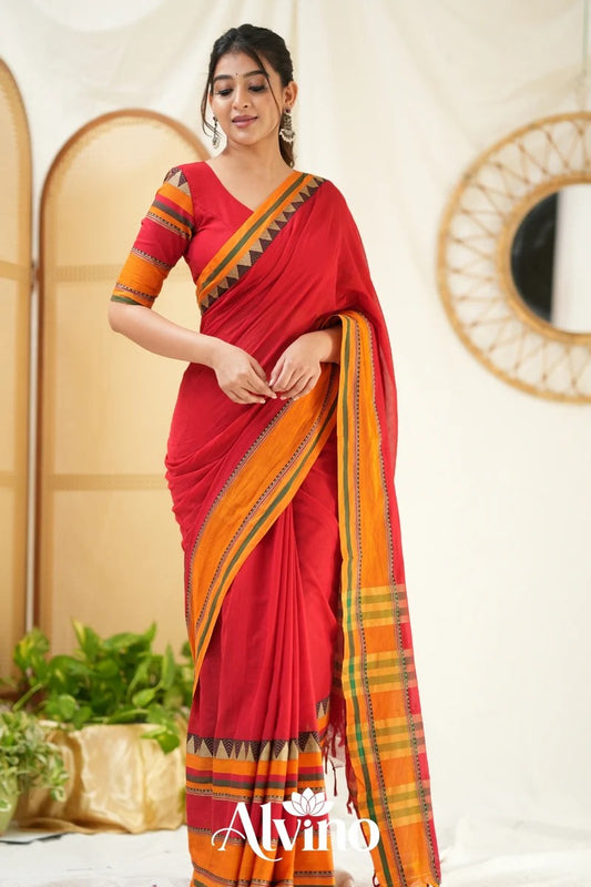 Red Handloom Narayanpet Pure Cotton Saree With Blouse