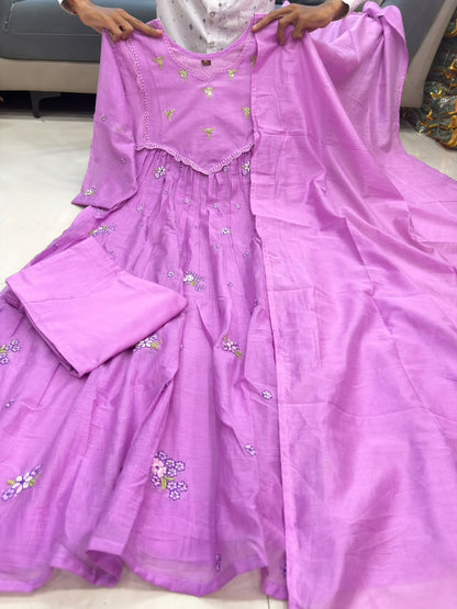 Elegant Lavender  Pure Mal Chanderi Anarkali Suit Set