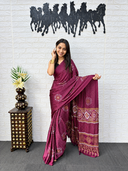 Deep Plum Heritage Japan Satin Silk Saree