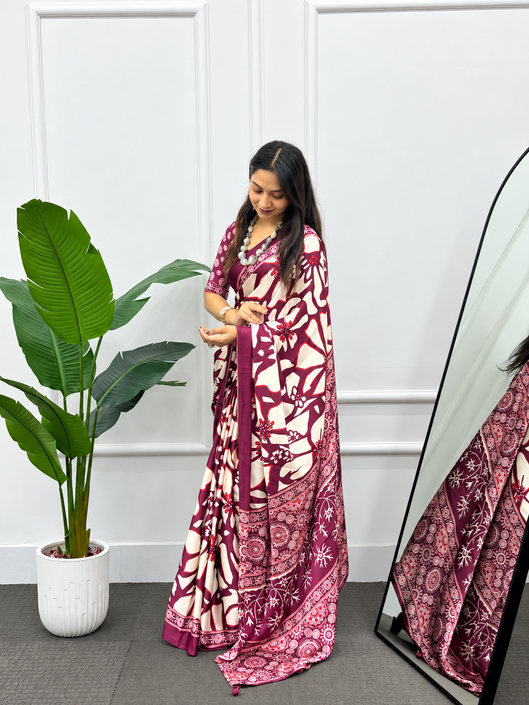 Rich Wine & Cream Fluid Japan Satin Saree Finished with an Haute Couture Heavy Latkan Designer Pallu