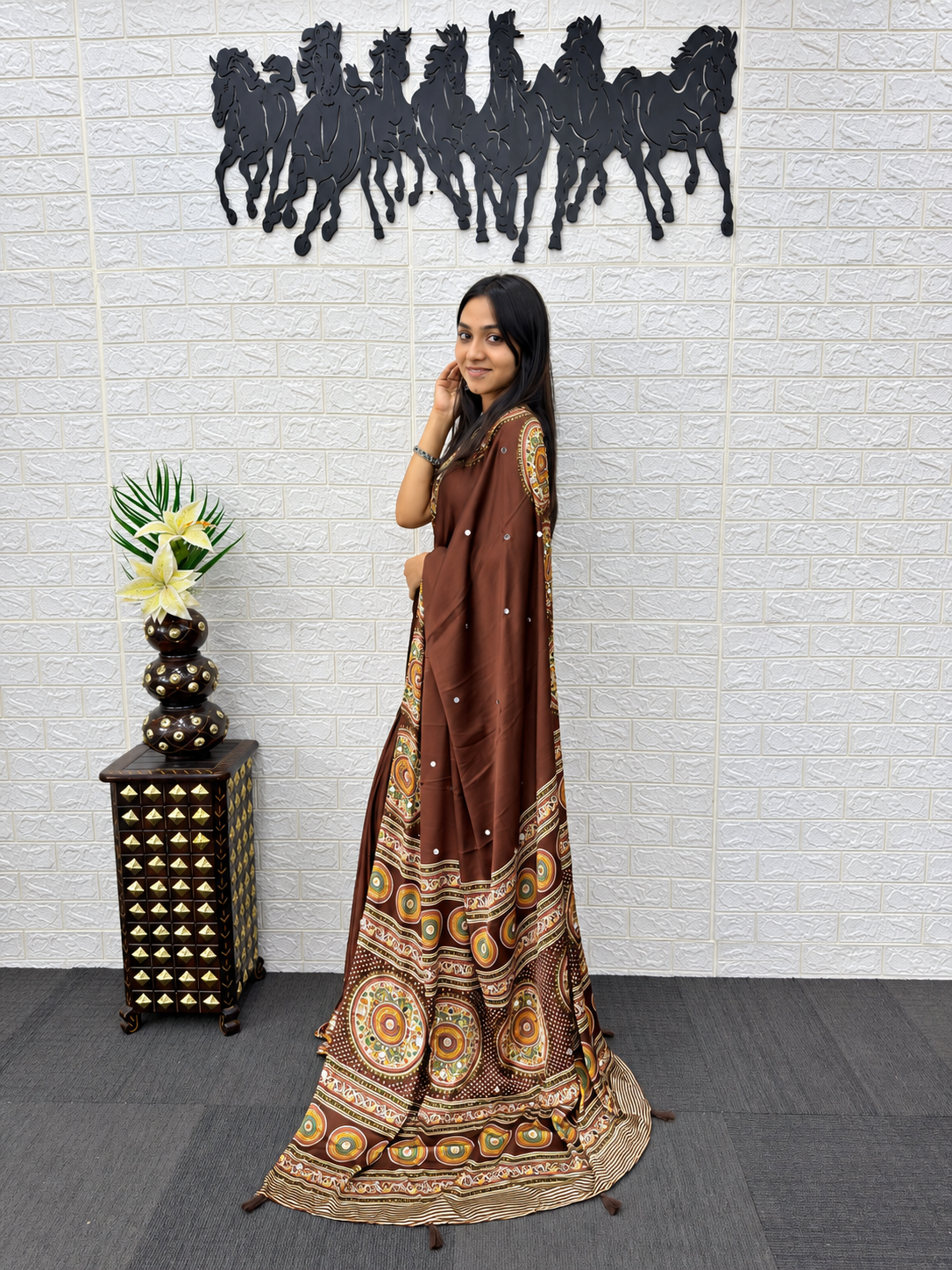 Glamorous Japan Satin Silk Ethnic Saree with Heavy Mirror Work & Elegant Latkans