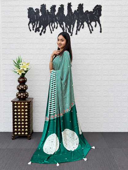 Nyra Premium Royal Mint Stripe Pattern Saree With Heavy Real Mirror Handwork Border