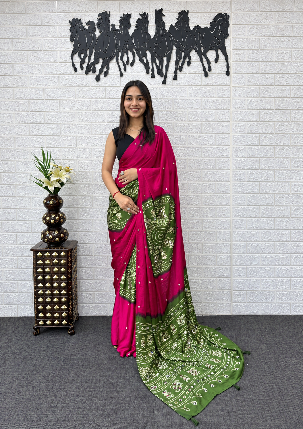Gulabi Raas Magenta & Olive Japan Satin Silk Mirror Work Saree with La ...